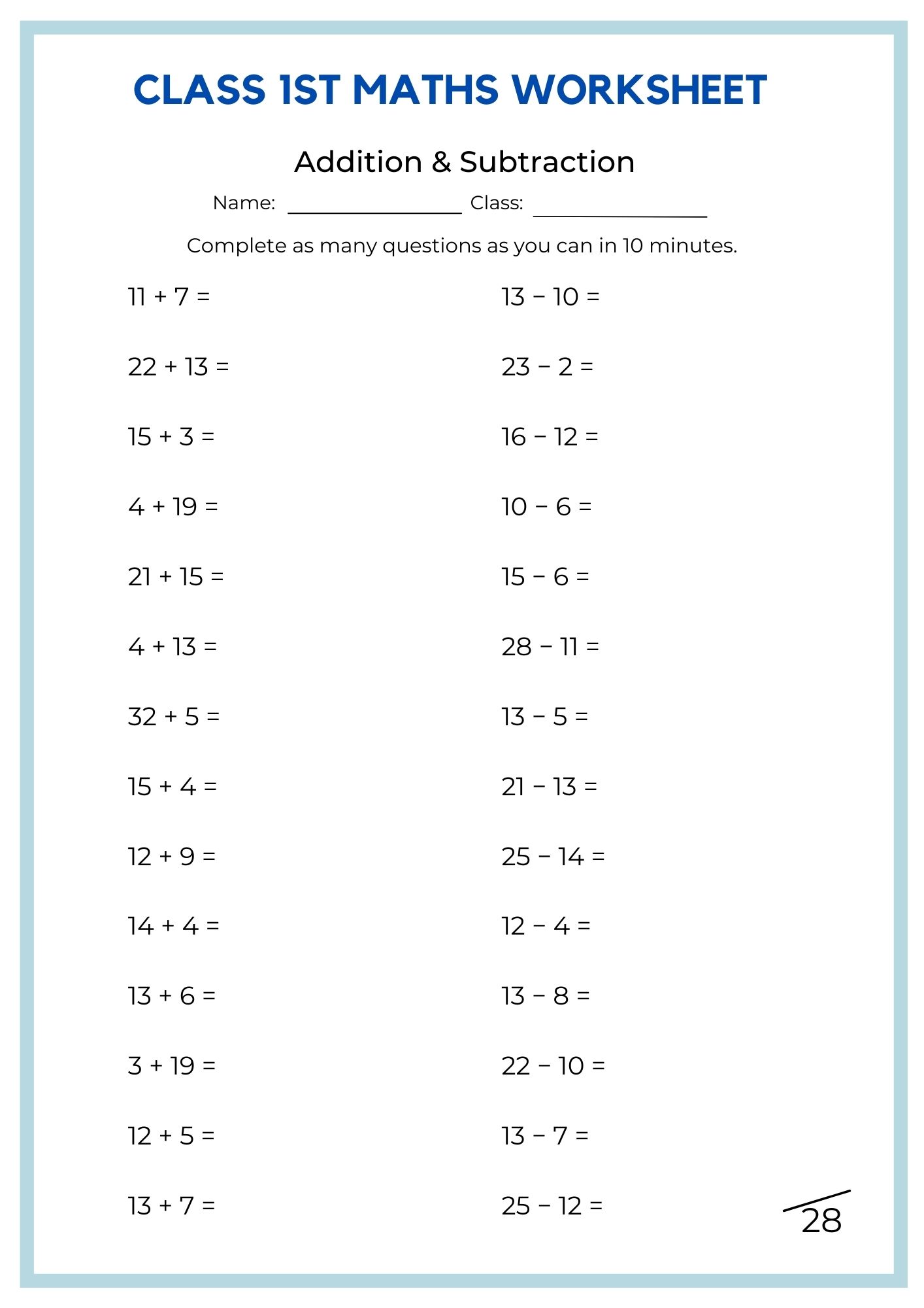 Class 1st Maths Worksheet